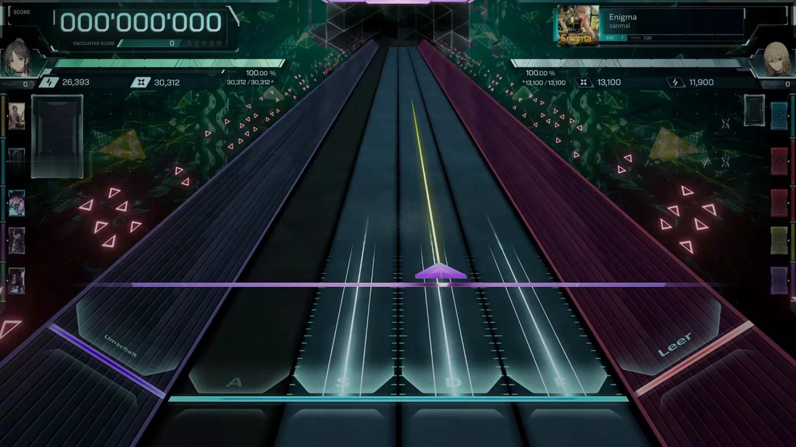 Enigma EVO 7 highway staged at 000'000'000 in In Falsus with the song panel reading SPEED 7.00