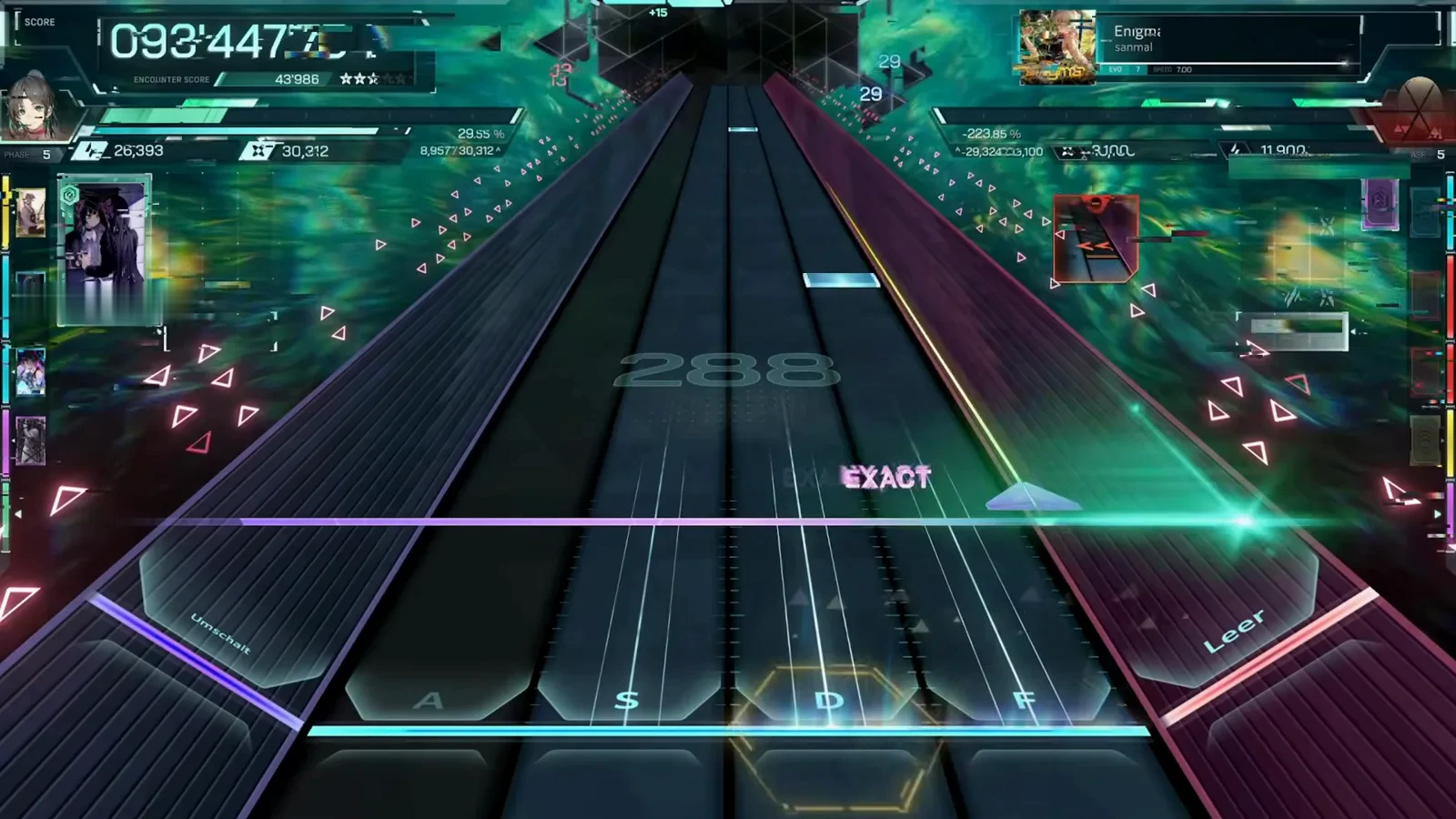 Late-chart climb to combo 288 with hex bursts at the keystones in In Falsus Enigma EVO 7
