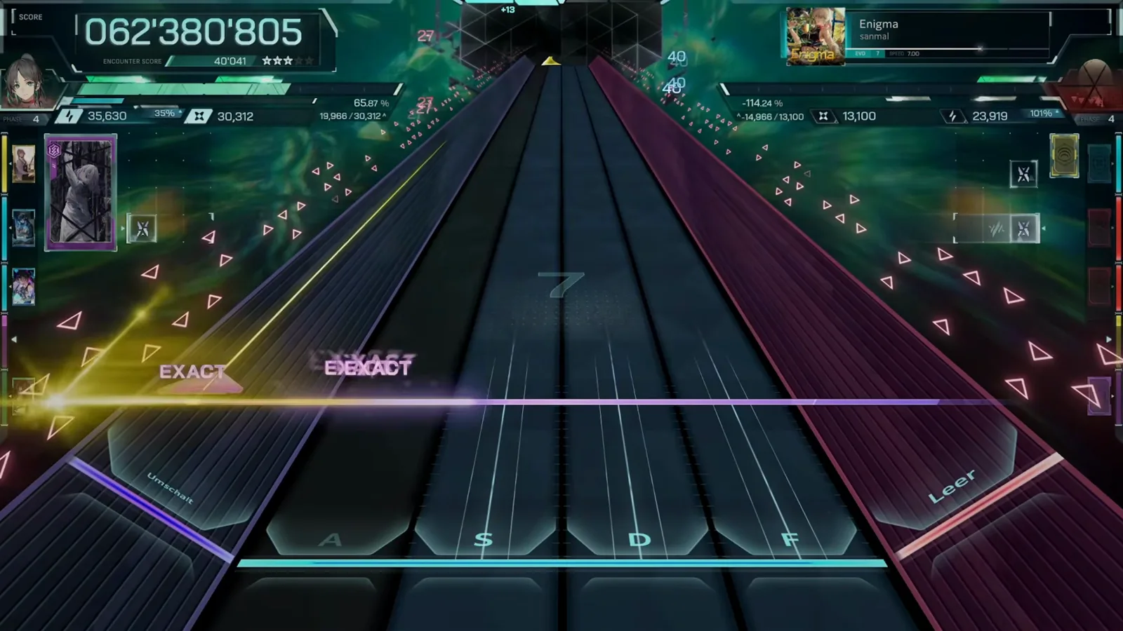 Lowest combo of the run at 7 beside a gold burst on Enigma EVO 7 in In Falsus at 062'380'805
