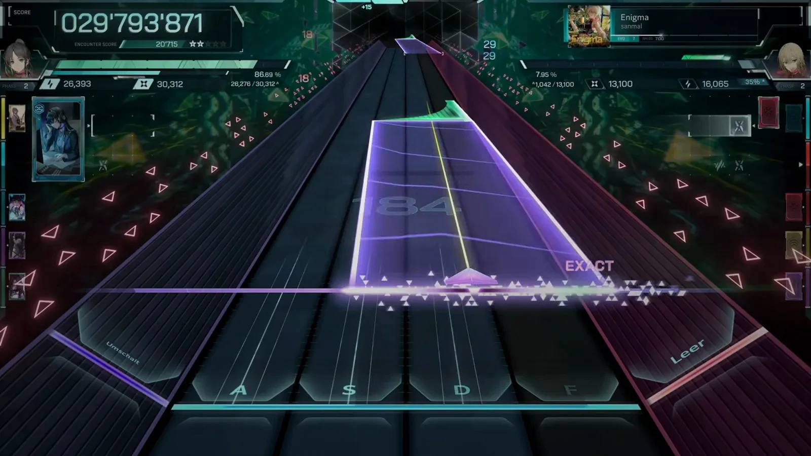 Combo counter reading 184 under a wide violet beam in In Falsus Enigma EVO 7 at 029'793'871