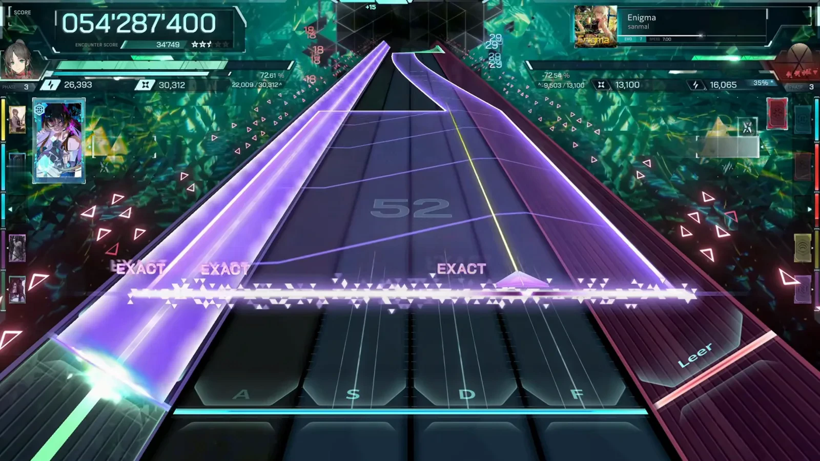 Combo reset to 52 under a triple-EXACT wide beam in In Falsus's Enigma EVO 7 chart at 054'287'400
