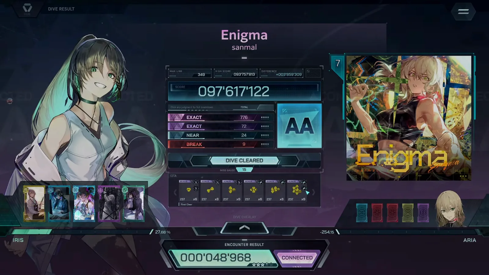DIVE RESULT card printing AA beside 097'617'122 with EXACT 776 and First Clear iota on Enigma EVO 7