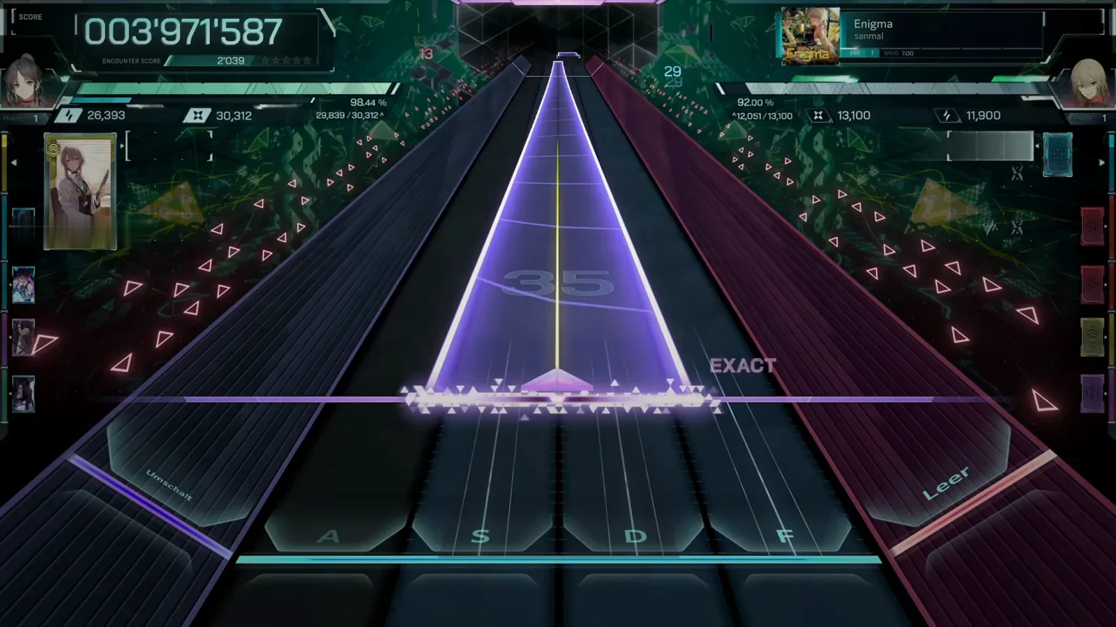 Full-width violet wide beam under an EXACT tag in In Falsus's Enigma EVO 7 chart at 003'971'587