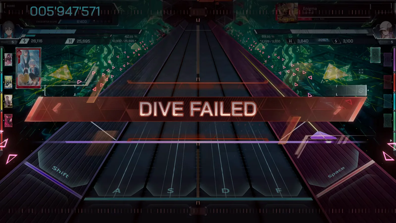 インファルサス Enigma FBD 13 の挑戦、DIVE FAILED バナーが暗転したプレイフィールドに着地し、スコアは 005'947'571 で停止
