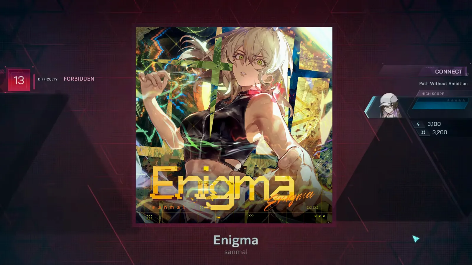 インファルサスの Enigma 楽曲詳細画面、DIFFICULTY FORBIDDEN 13 バッジと Path Without Ambition エンカウンターパネル