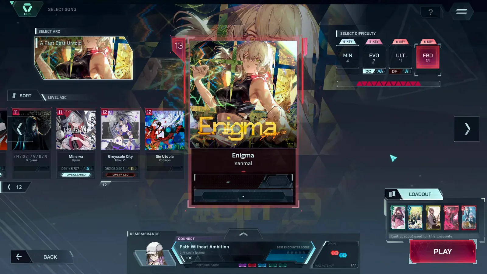 インファルサスの楽曲選択画面、Arc 2「A Past Best Untold」のバナー下で sanmal の Enigma カードがレベル 13 バッジを掲げ、難易度欄は FBD を選択中