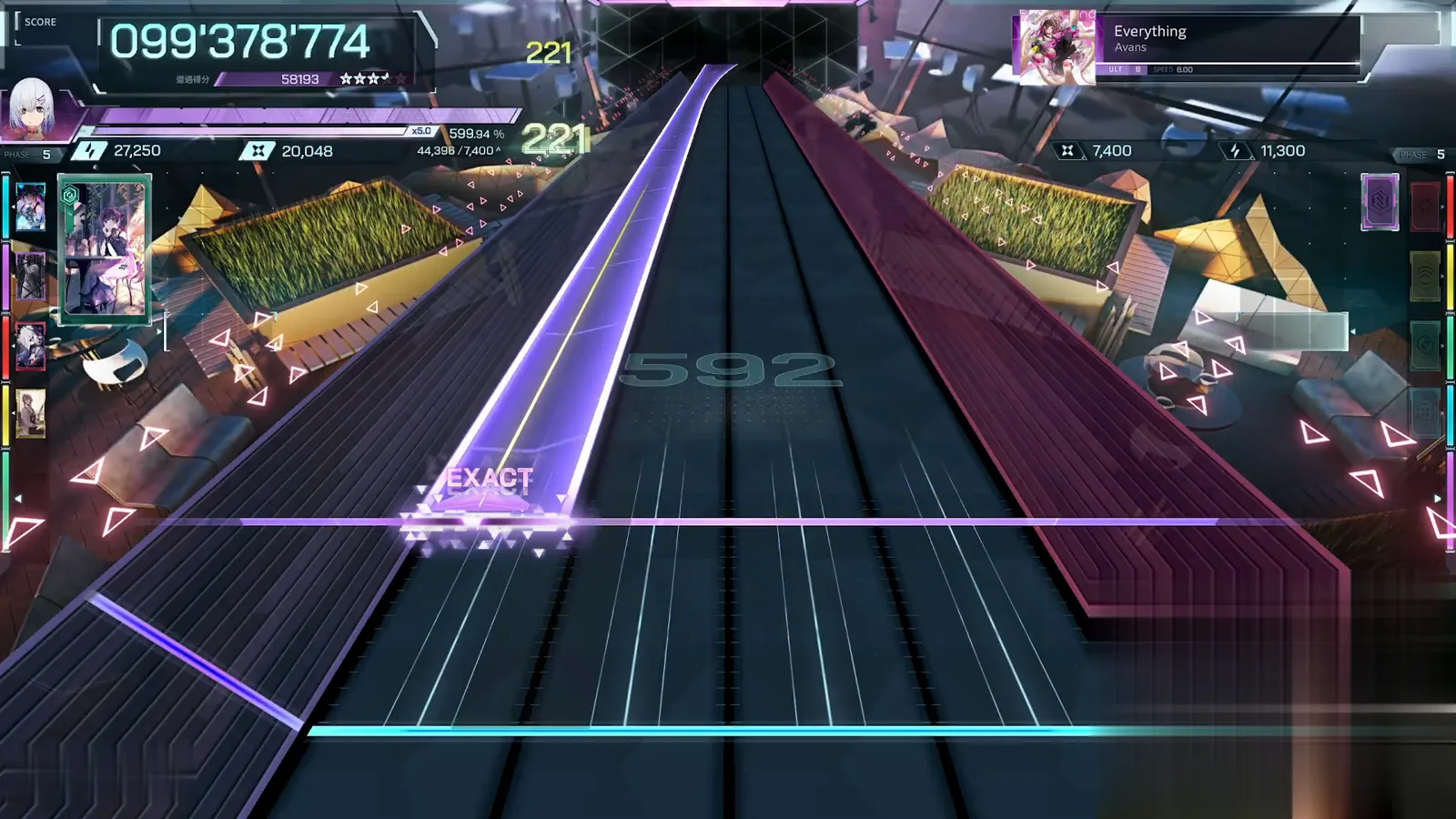 Three notes from the end In Falsus Everything ULT 8 final slab landing its EXACT judgement with the note counter on 592 of 595 and the HUD at 099'378'774