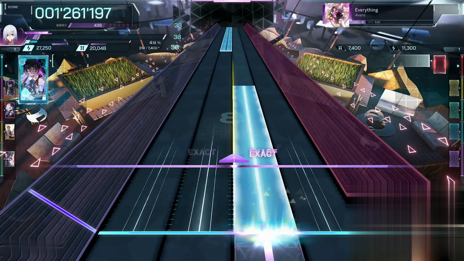 First slab, first burst In Falsus Everything ULT 8 opening slab in cyan sweeping the center lanes as the first notes lift the HUD past 001'261'197