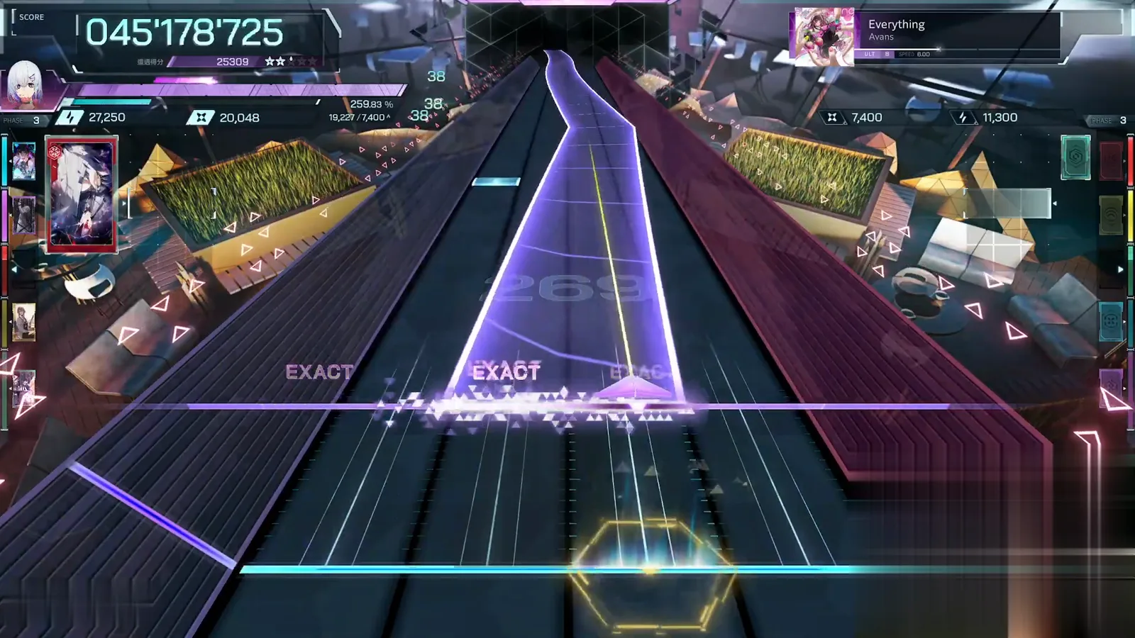 The gold hexagon field In Falsus Everything ULT 8 gold hexagon field cell flaring under the judgement line beside a purple slab with the HUD reading 045'178'725