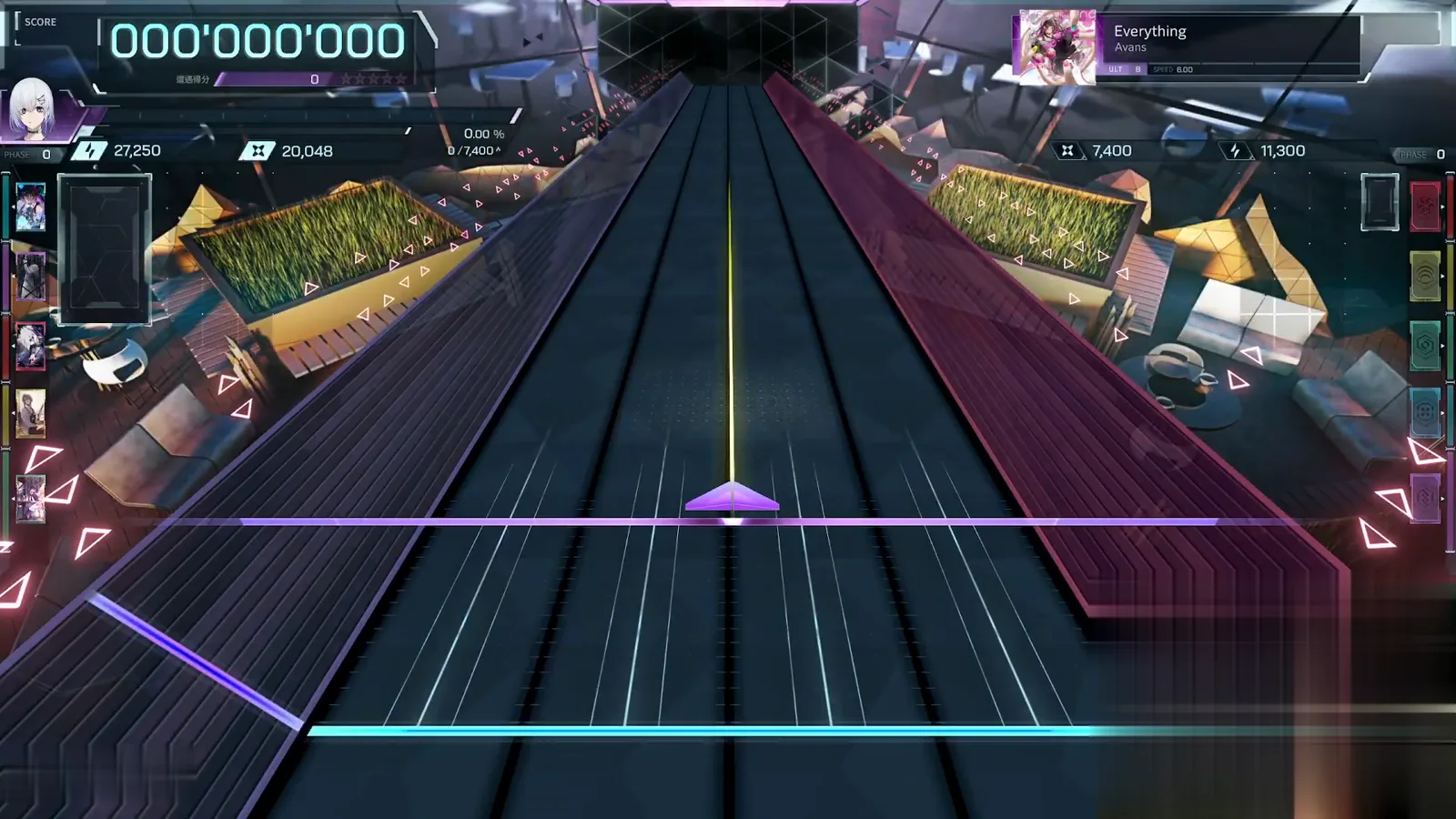 The staged dive — ULT 8 at speed 6.00 In Falsus Everything ULT 8 in-play HUD at score 000'000'000 with the song panel reading Everything by Avans on ULT 8 at speed 6.00 over an empty highway
