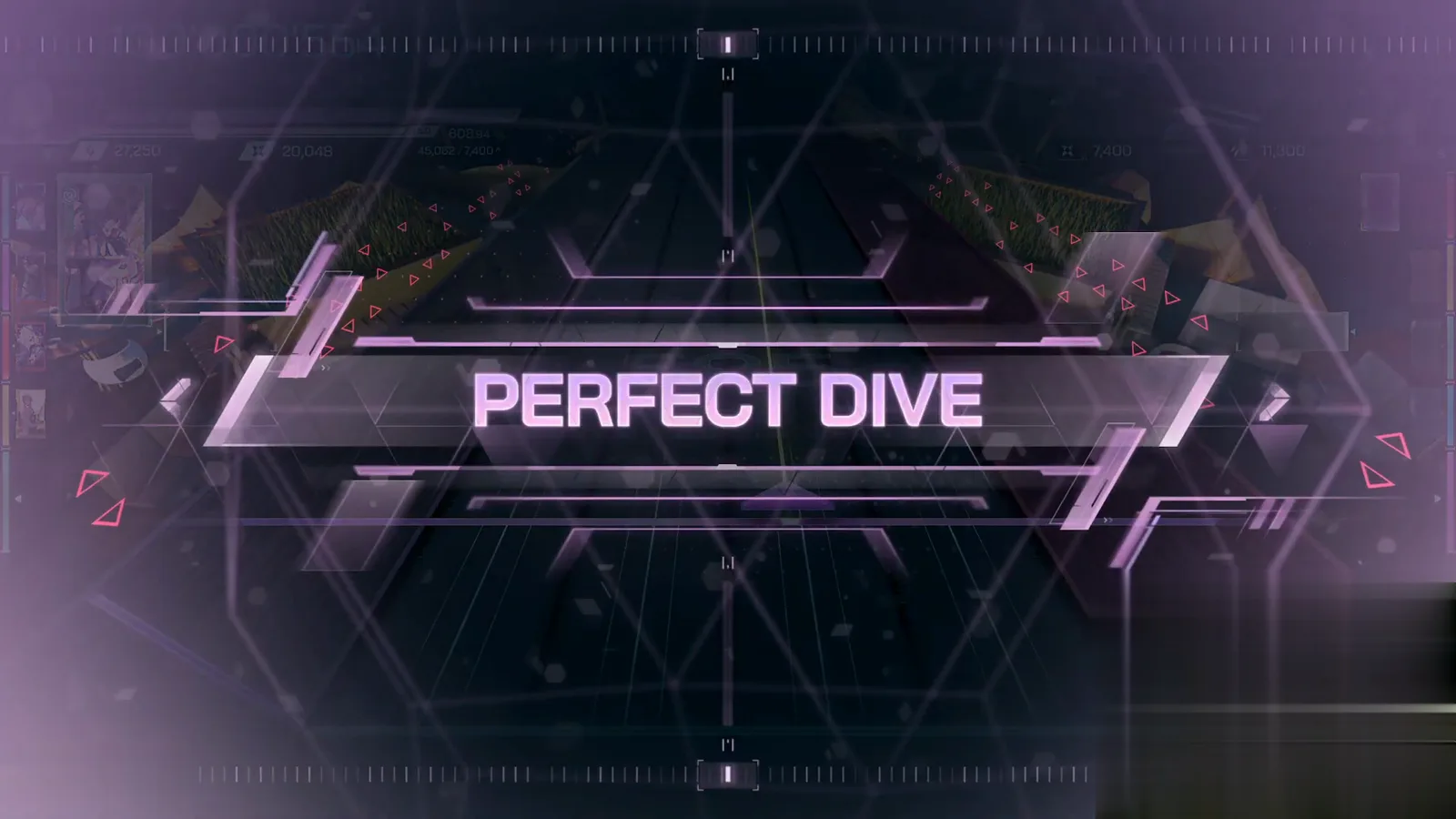 The PERFECT DIVE banner In Falsus PERFECT DIVE banner over the darkened hexagon stage after the Everything ULT 8 run ends with zero NEAR and zero BREAK