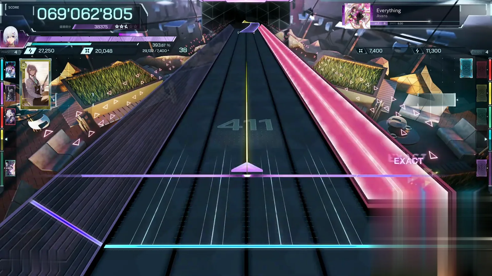 The magenta wall In Falsus Everything ULT 8 late-song wall in magenta crossing the right lanes diagonally with an EXACT judgement as the HUD reads 069'062'805