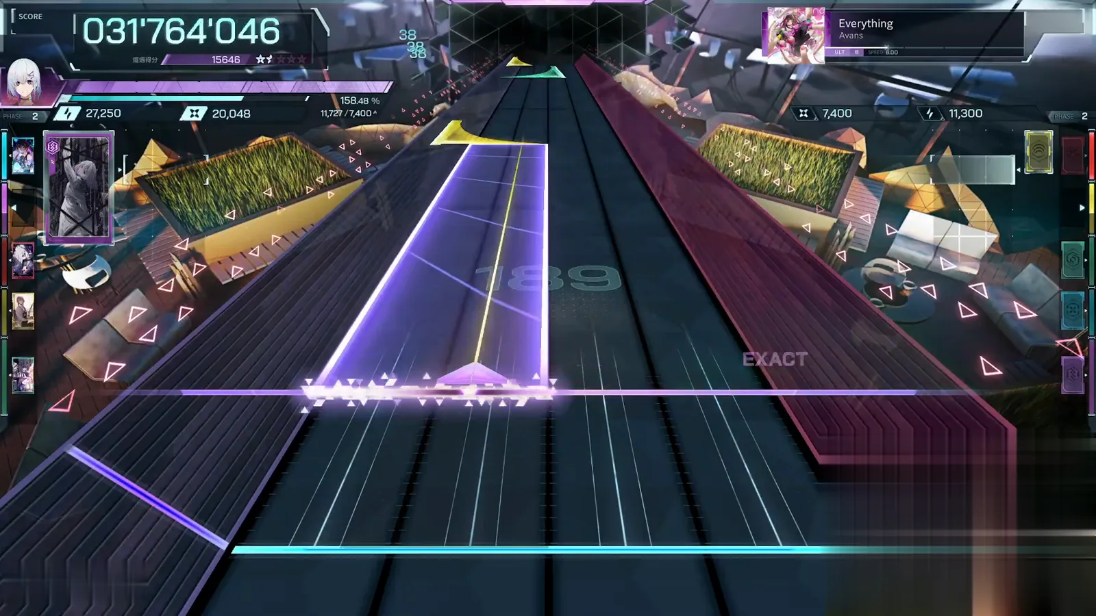 A wide slab at the mid-chart In Falsus Everything ULT 8 wide purple slab riding the gold center line past note 189 with an EXACT judgement waiting on the right lane at 031'764'046
