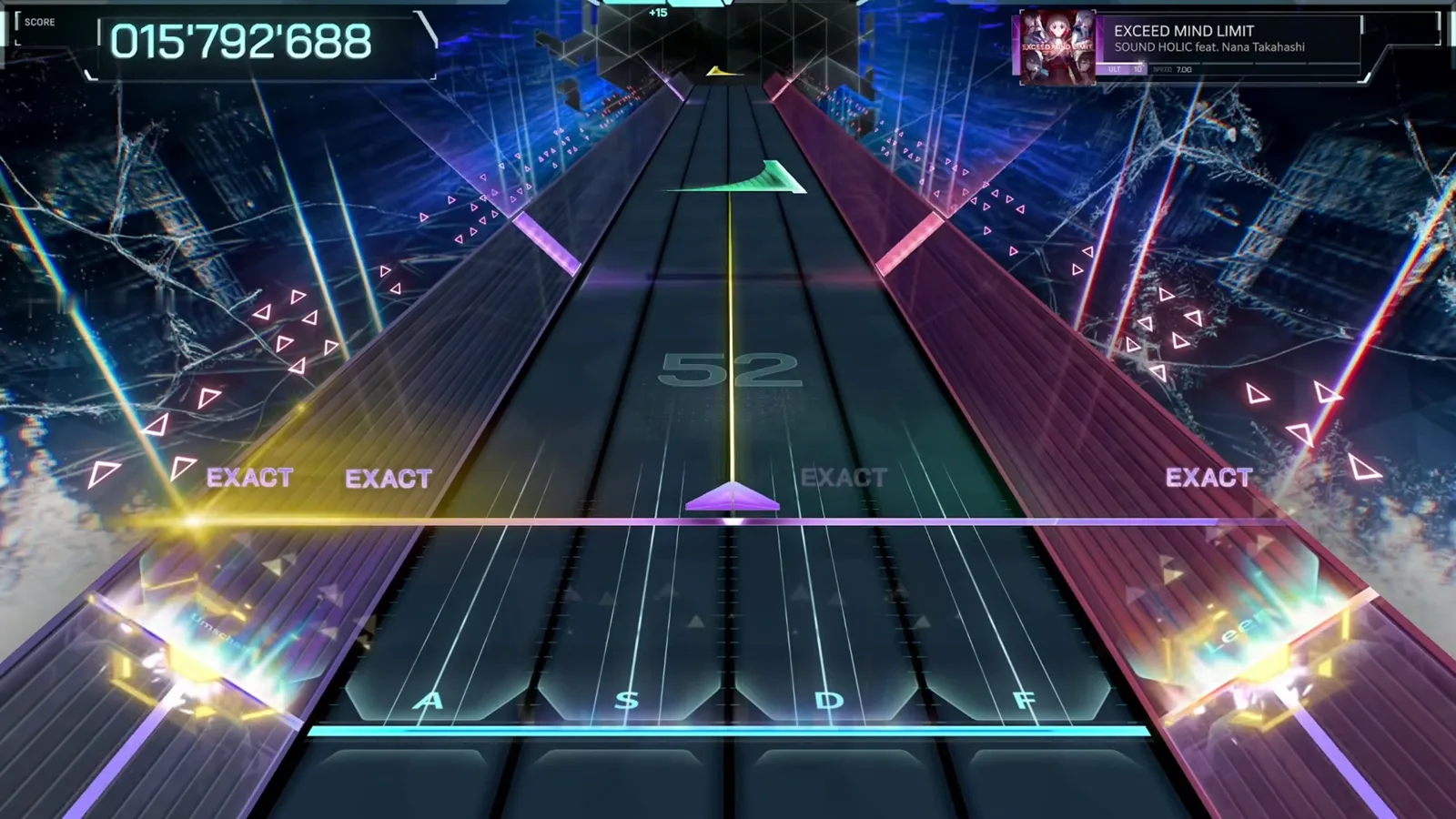 In FalsusのEXCEED MIND LIMIT ULT 10譜面で、黄色のフリックが左右両方の下コーナーレーンから同時に放たれ、4つのEXACT判定が判定線を走り、スコアは015'792'688を示す