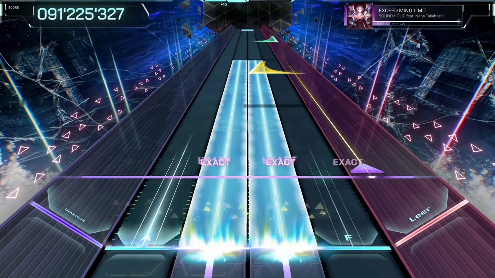 In FalsusのEXCEED MIND LIMIT ULT 10ハイウェイで、白と青のビーム5本が全レーンに扇状に広がって最後の数秒へ突っ込み、判定線全体にEXACTが弾け、スコアは091'225'327を越える
