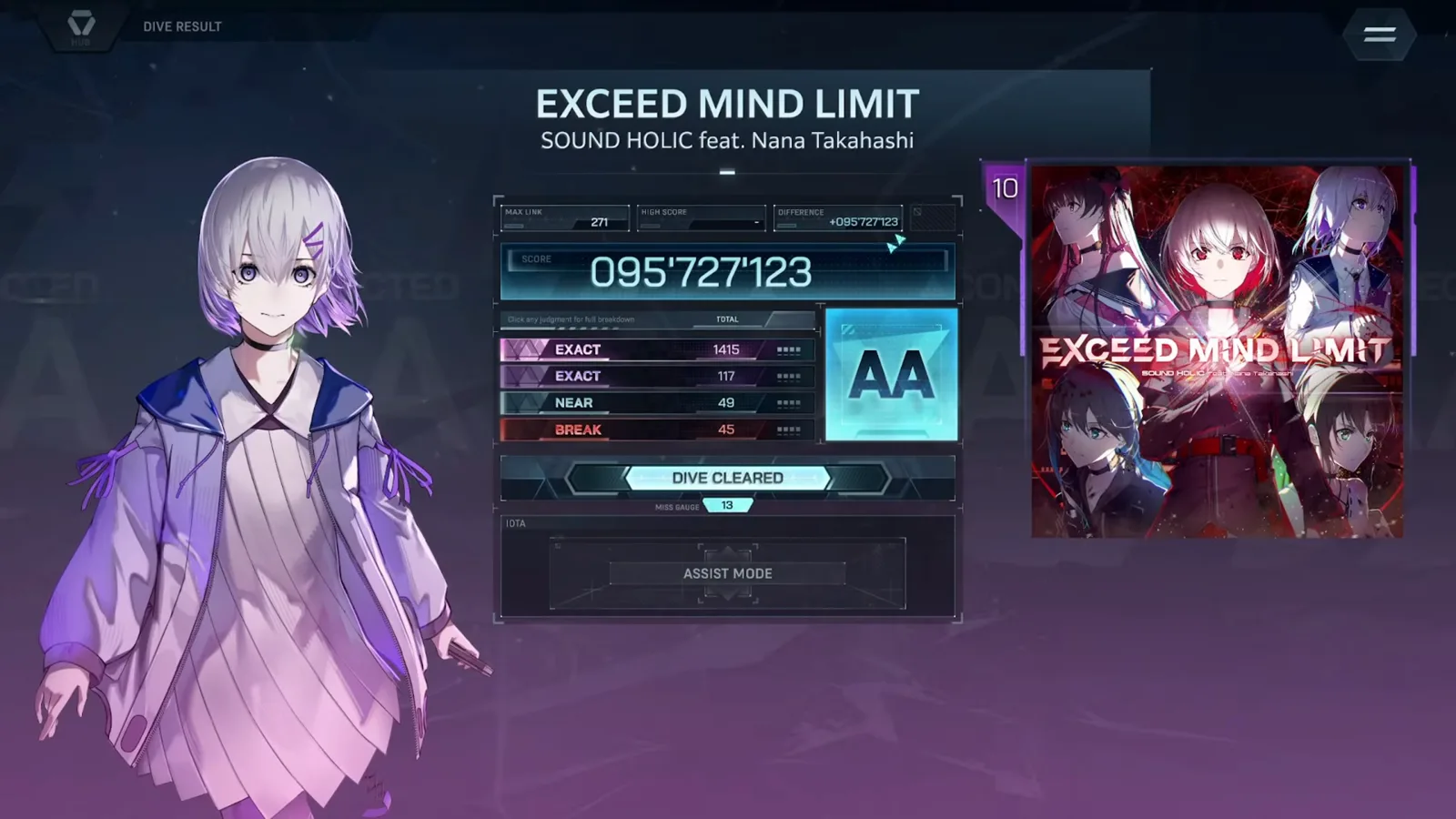 In FalsusのEXCEED MIND LIMIT ULT 10のDIVE RESULTカード。ランクAA、スコア095'727'123、EXACT 1,415 + 117、NEAR 49、BREAK 45がレベル10バッジとジャケットアートの横に並ぶ