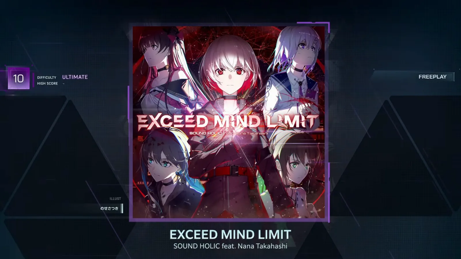 In FalsusのEXCEED MIND LIMIT曲カード。SOUND HOLIC feat. Nana Takahashiのメンバー全員ジャケットアートが光るタイトルの下にあり、DIFFICULTY ULTIMATE付きのレベル10バッジと空のHIGH SCORE行が並び、右上にFREEPLAYタブが灯る