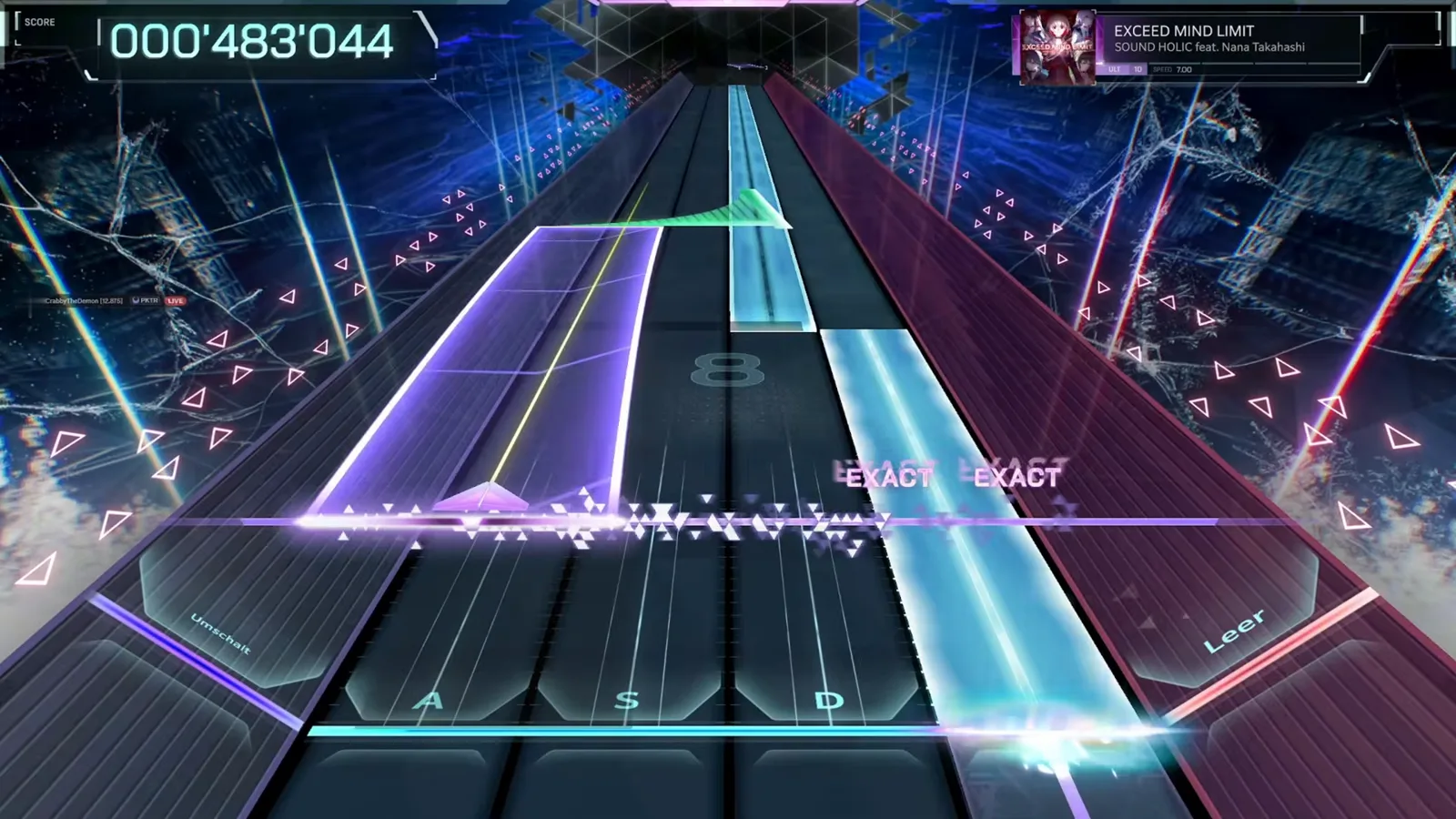 In FalsusのEXCEED MIND LIMIT ULT 10譜面で、紫が左レーン、青が右レーンのツインホールドシートが並んで押され、EXACT判定が000'483'044で積み上がる