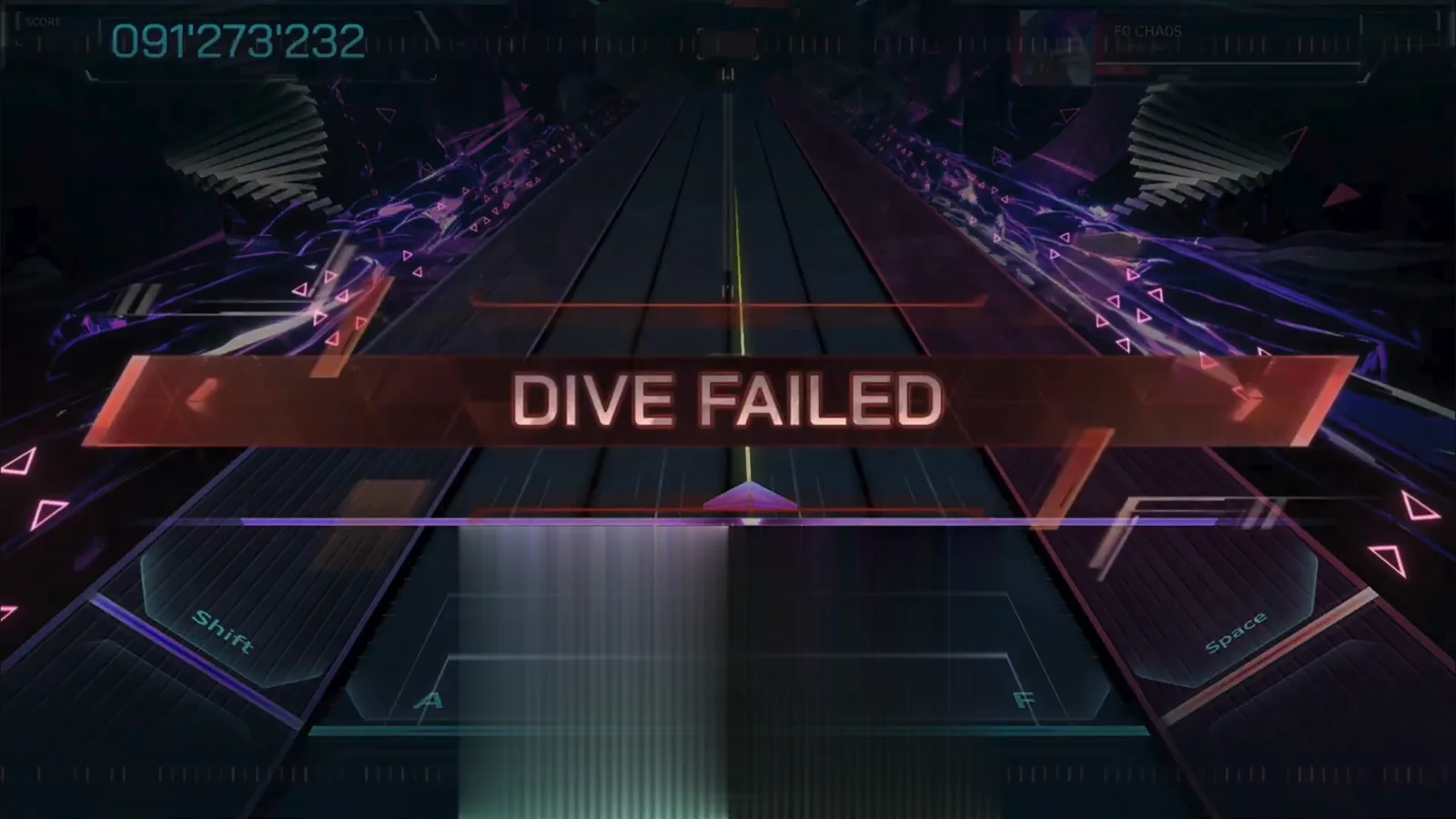 DIVE FAILED banner in red crossing the darkened highway at the frozen 091'273'232 HUD, In Falsus F0 CHA0S FBD 11
