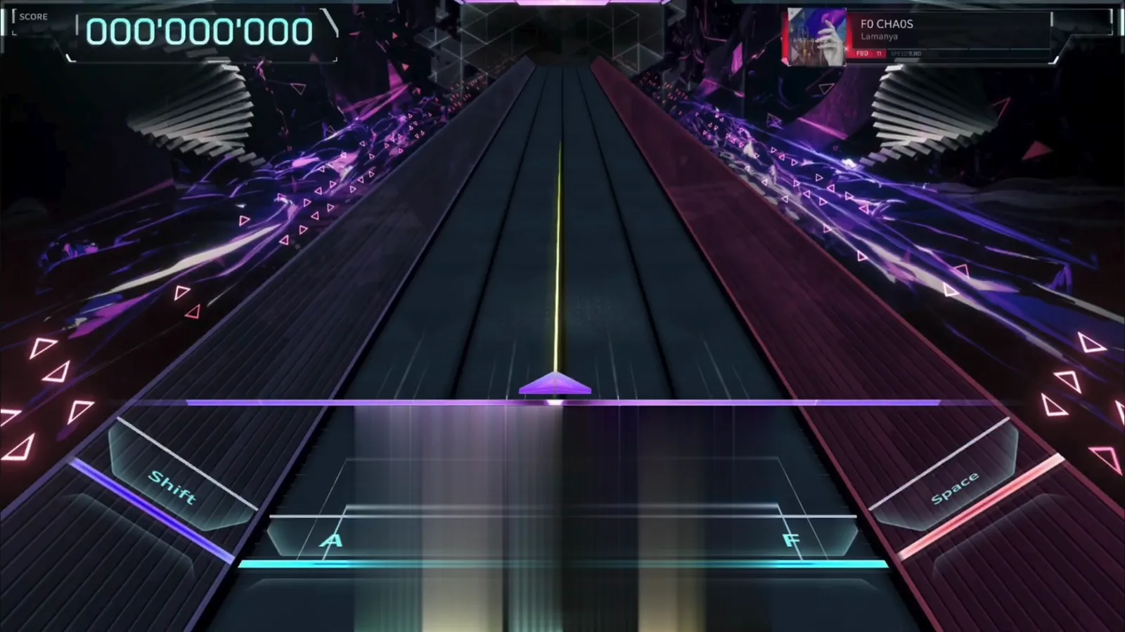 Empty In Falsus highway at 000'000'000 before F0 CHA0S FBD 11: panel shows FBD 11, SPEED 5.80, keys Shift, A, F, Space