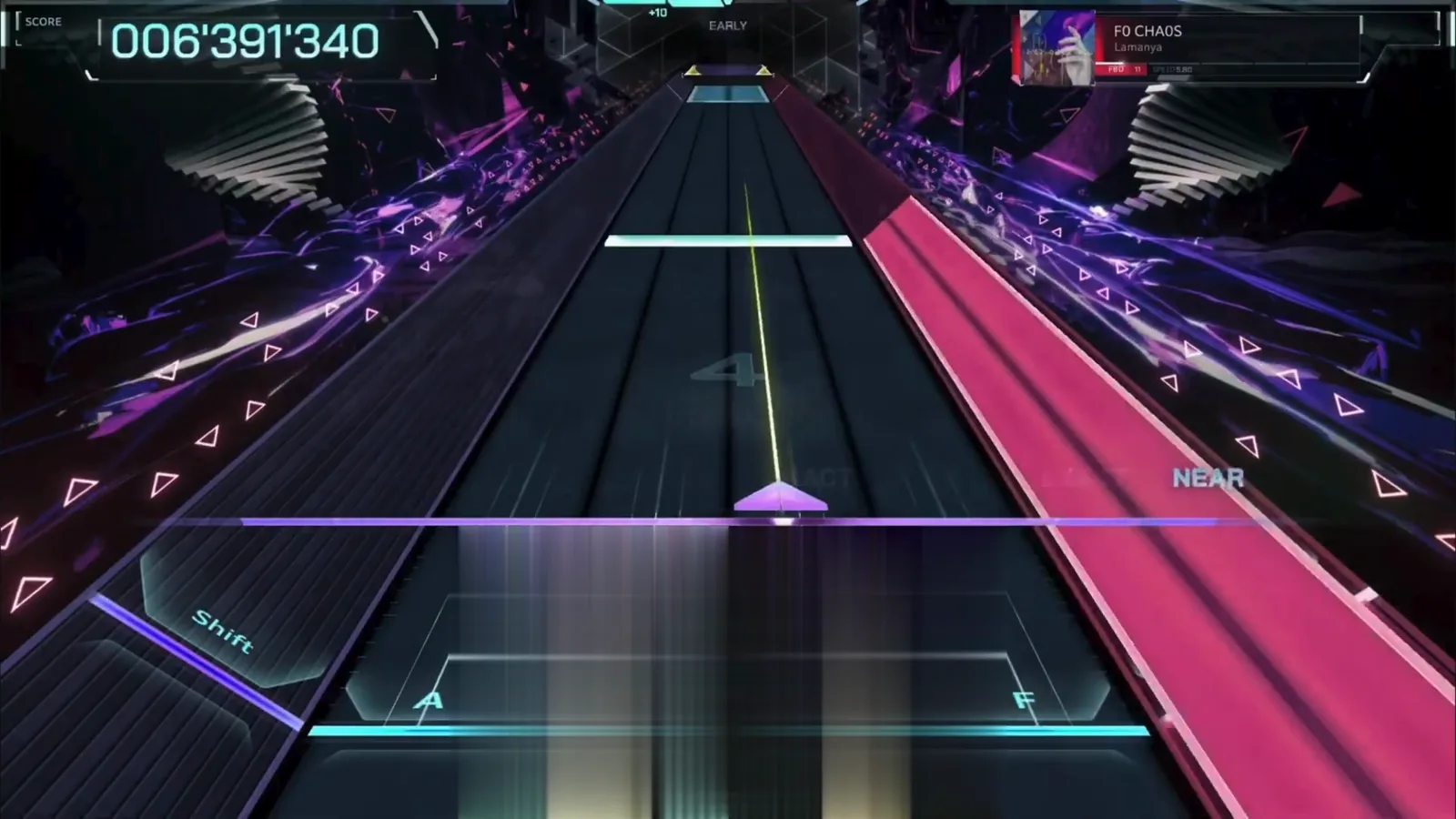 Magenta beam slab flooding the Space-side lanes, NEAR on its face, EARLY above — 006'391'340, In Falsus F0 CHA0S FBD 11