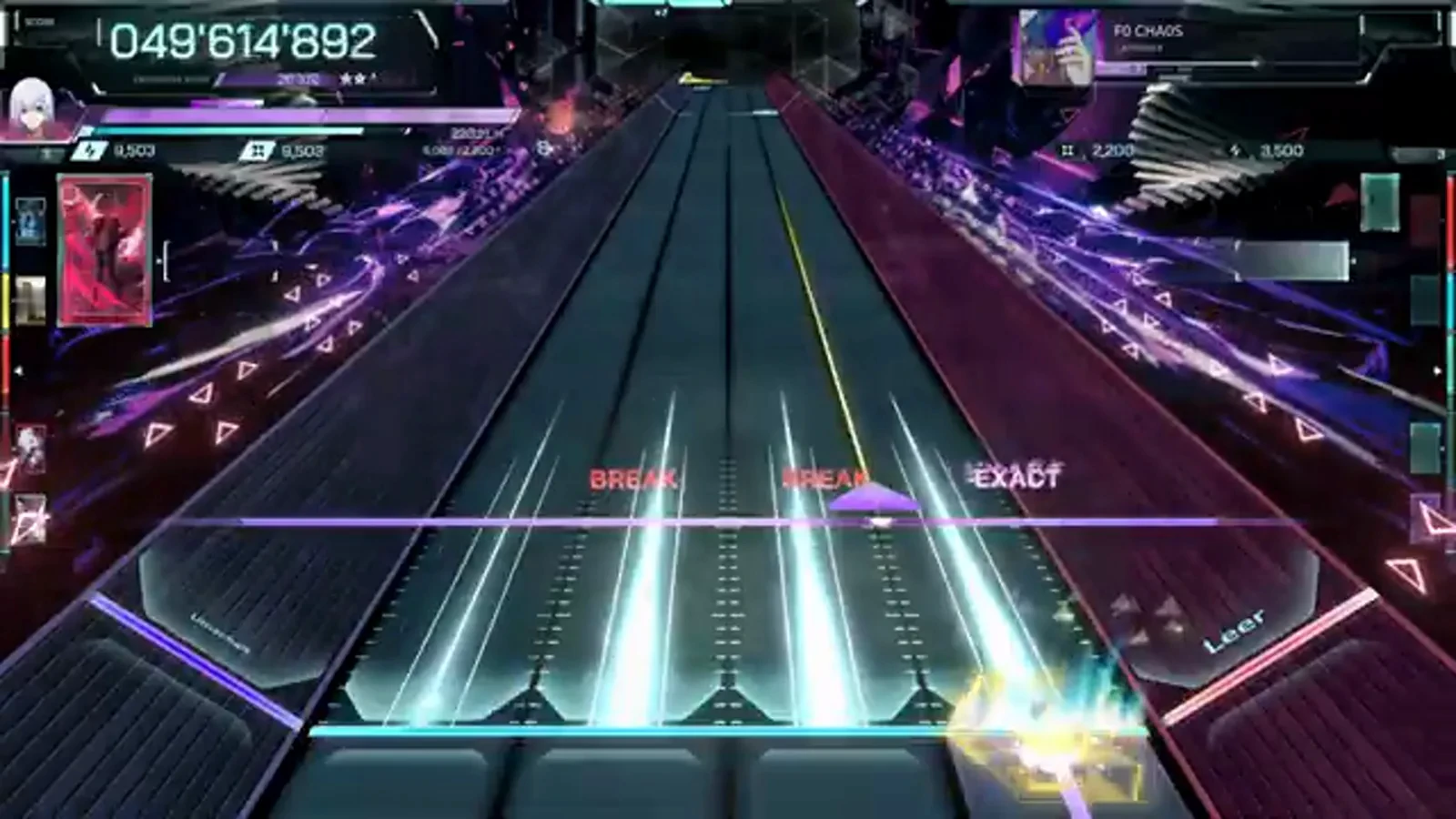The double BREAK bar In Falsus F0 CHA0S ULT 9 double BREAK flashing red beside an EXACT at 049'614'892 while teal columns rise through the lanes
