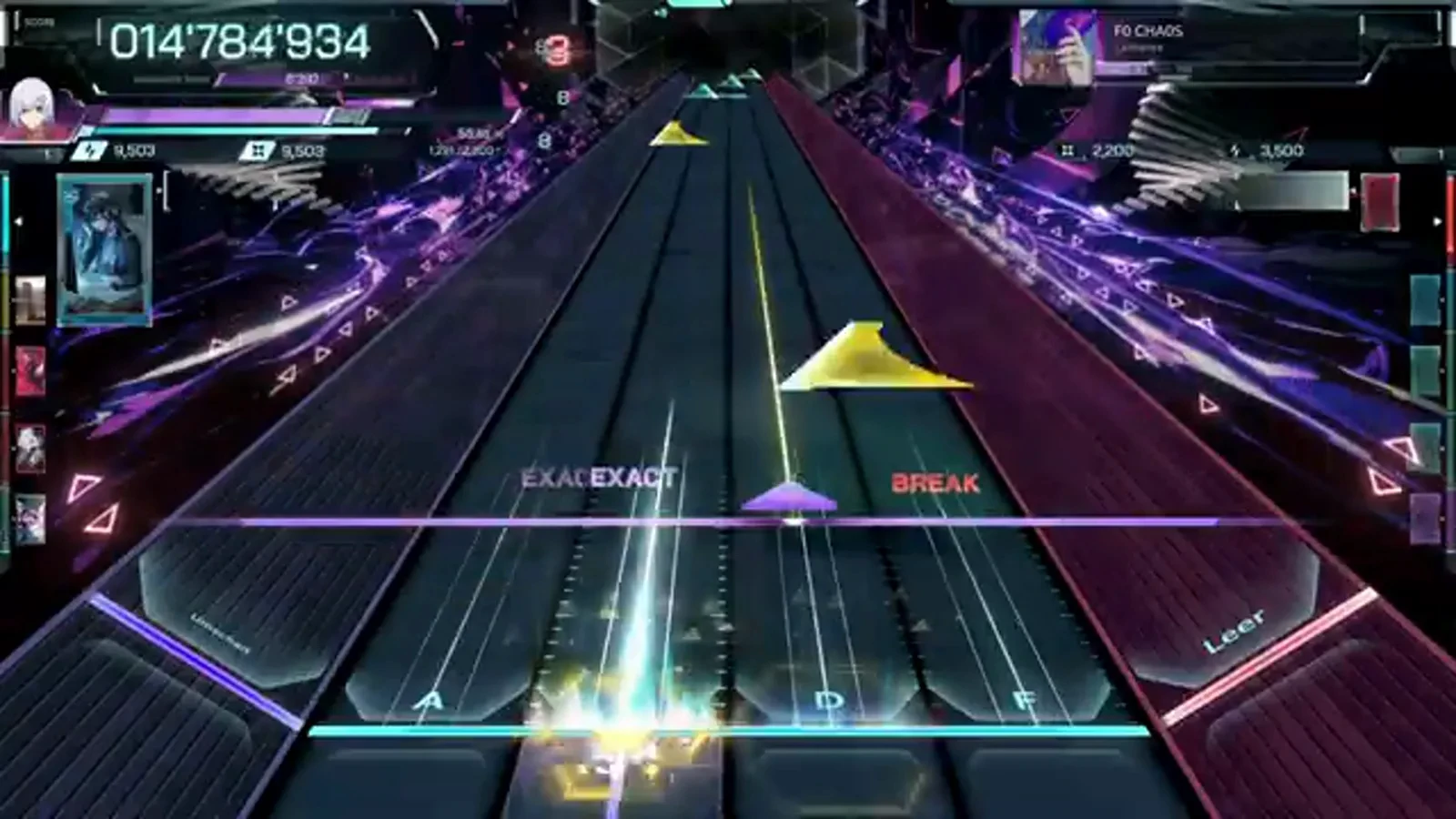 The first BREAK In Falsus F0 CHA0S ULT 9 first red BREAK landing on the right lane at 014'784'934 under a yellow warning triangle