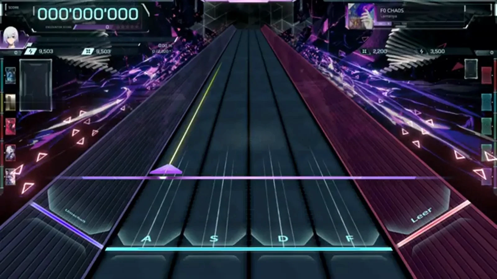 Intro at score zero F0 CHA0S ULT 9 highway intro in In Falsus with the score still at 000'000'000 and the first purple hold sliding down lane A