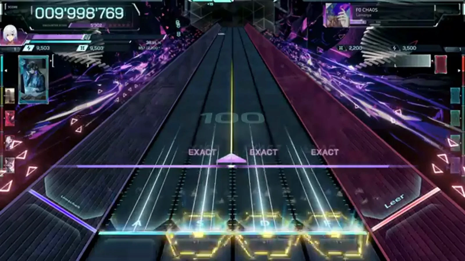 Combo 100 on the opening burst In Falsus F0 CHA0S ULT 9 opening burst at combo 100 with three EXACT stamps and yellow hexagon field objects lining the pad line