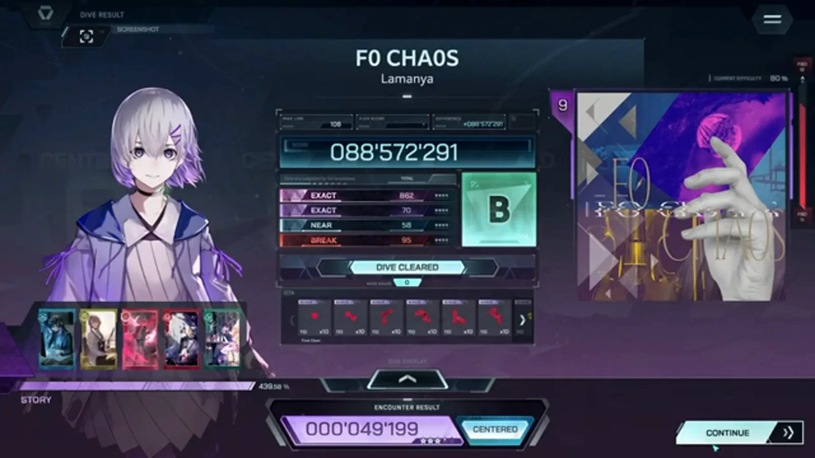 The settled result card In Falsus F0 CHA0S ULT 9 DIVE RESULT card with rank B on 088'572'291, EXACT 882 + 70, NEAR 58, BREAK 95 and the CENTERED encounter chip
