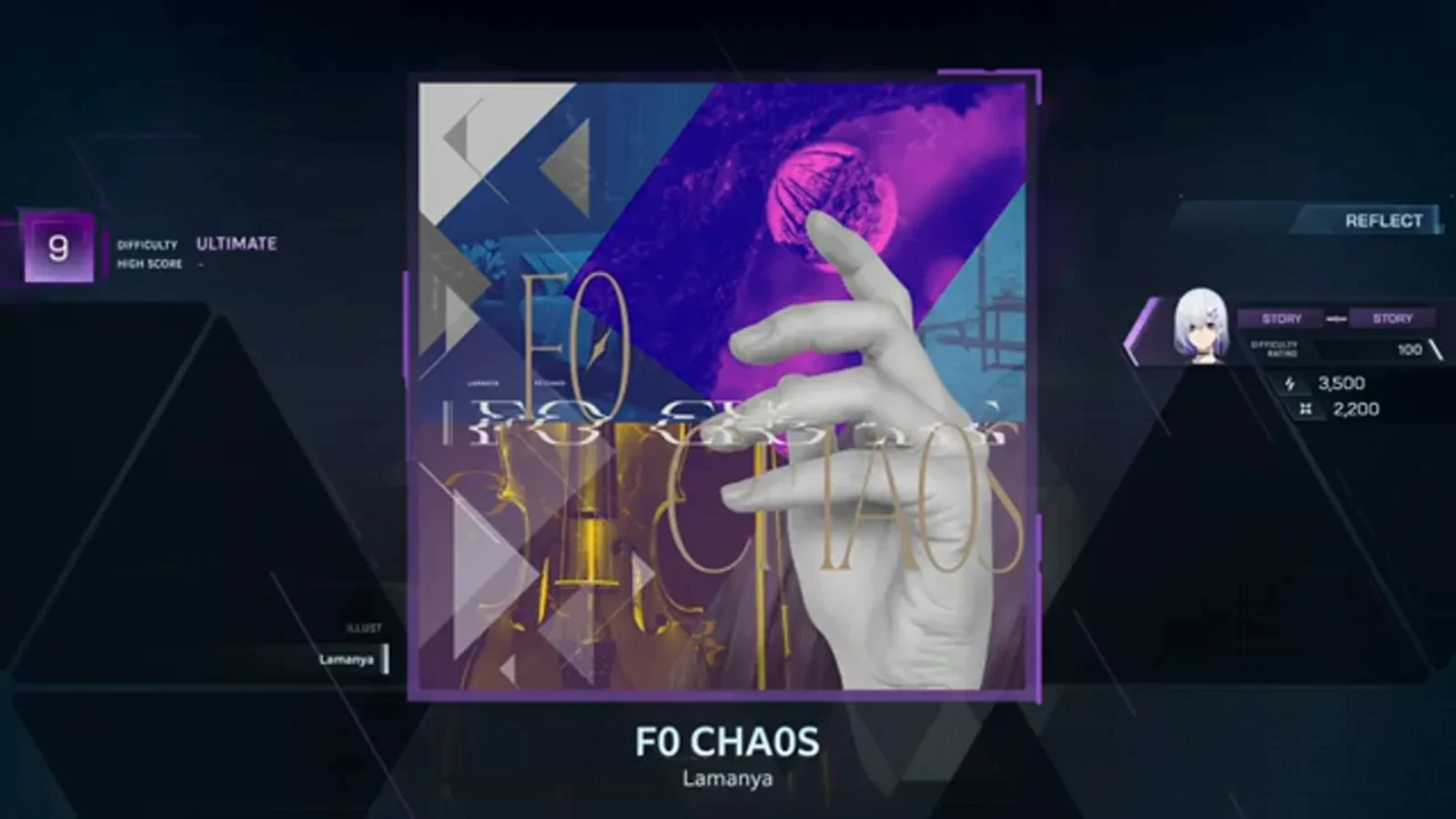 F0 CHA0S detail screen — ULTIMATE 9 In Falsus F0 CHA0S song detail screen showing DIFFICULTY ULTIMATE 9, a HIGH SCORE dash and the REFLECT mission panel with 3,500 and 2,200 rewards
