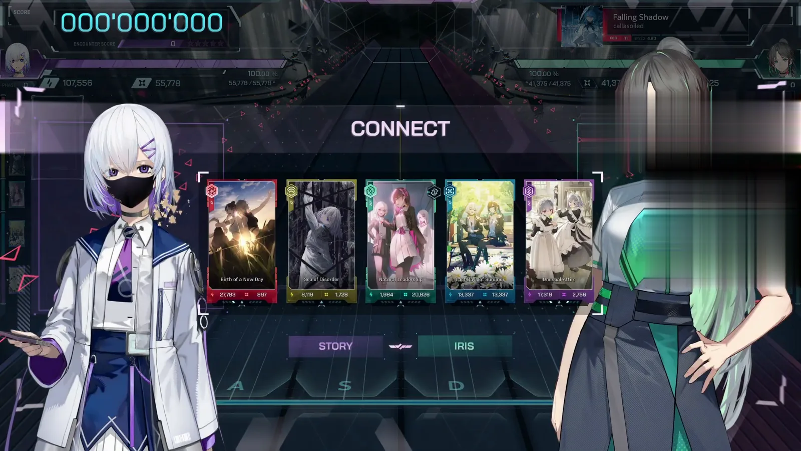 In Falsus CONNECT splash, Falling Shadow FBD 11: IRIS button lit beside STORY, five crew cards, both gauges at 100.00%