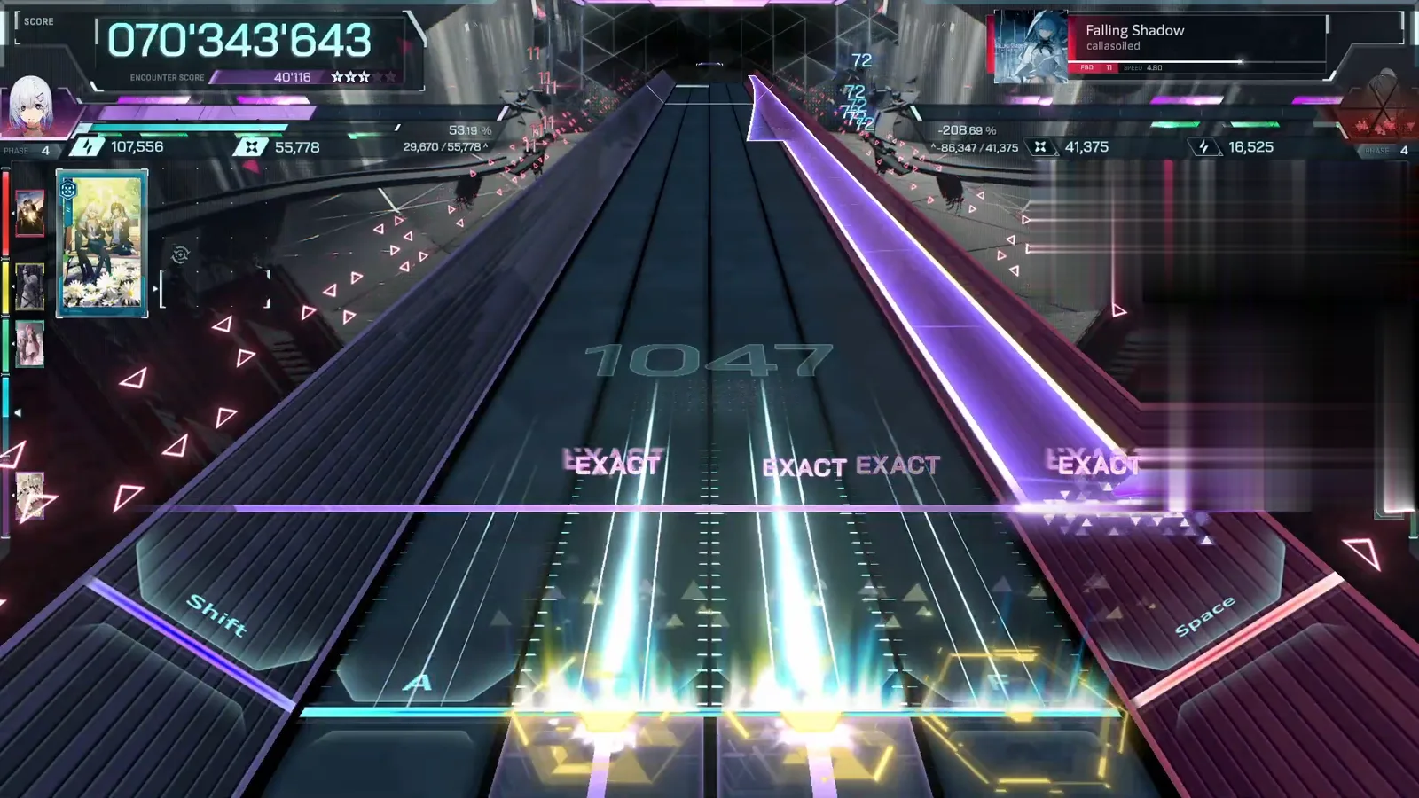 Four EXACT tags across the middle lanes under the tall violet beam at 070'343'643 — In Falsus Falling Shadow FBD 11