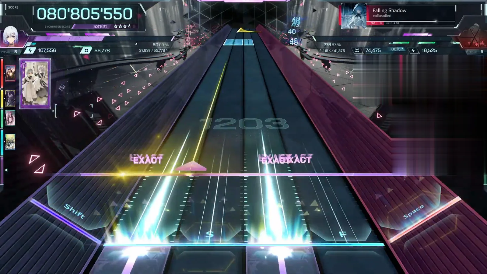 EXACT row through gold damage bursts and cyan streams, 080'805'550, counter 1203 — In Falsus Falling Shadow FBD 11