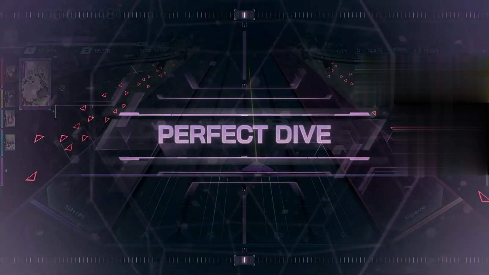 PERFECT DIVE banner in white on violet over the hex grid, HUD dimmed — In Falsus Falling Shadow FBD 11 ends perfect