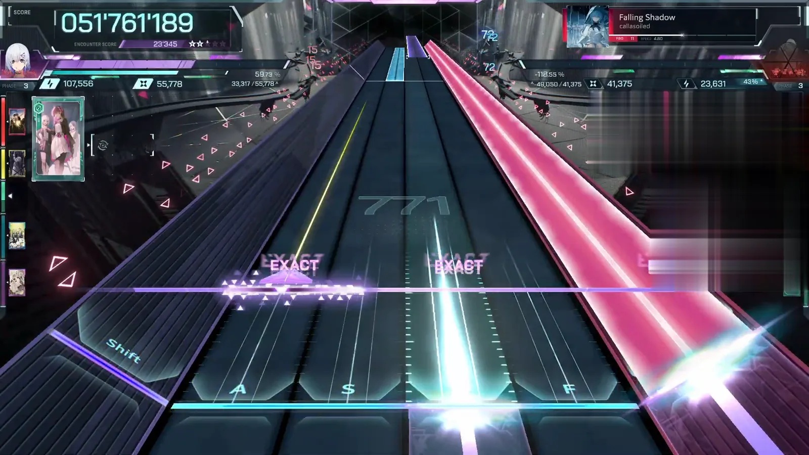 Red beam slab over the right lanes, EXACT EXACT pair at its face, 051'761'189, counter 771 — Falling Shadow FBD 11