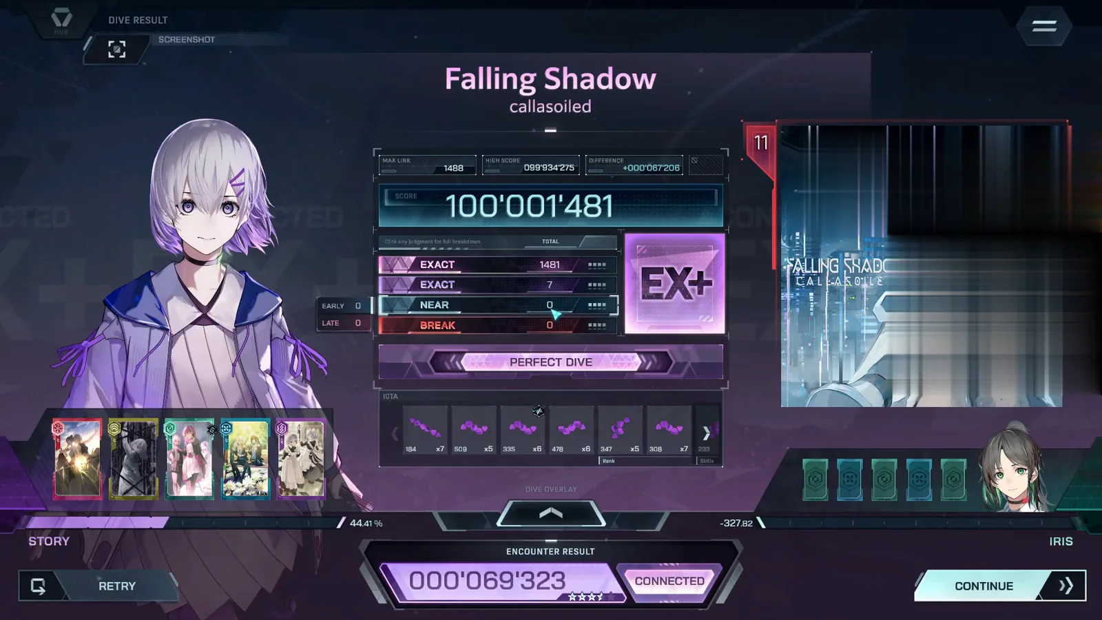 Falling Shadow FBD 11 DIVE RESULT card: EX+, 100'001'481, MAX LINK 1488, EXACT 1481 + 7, NEAR 0, BREAK 0