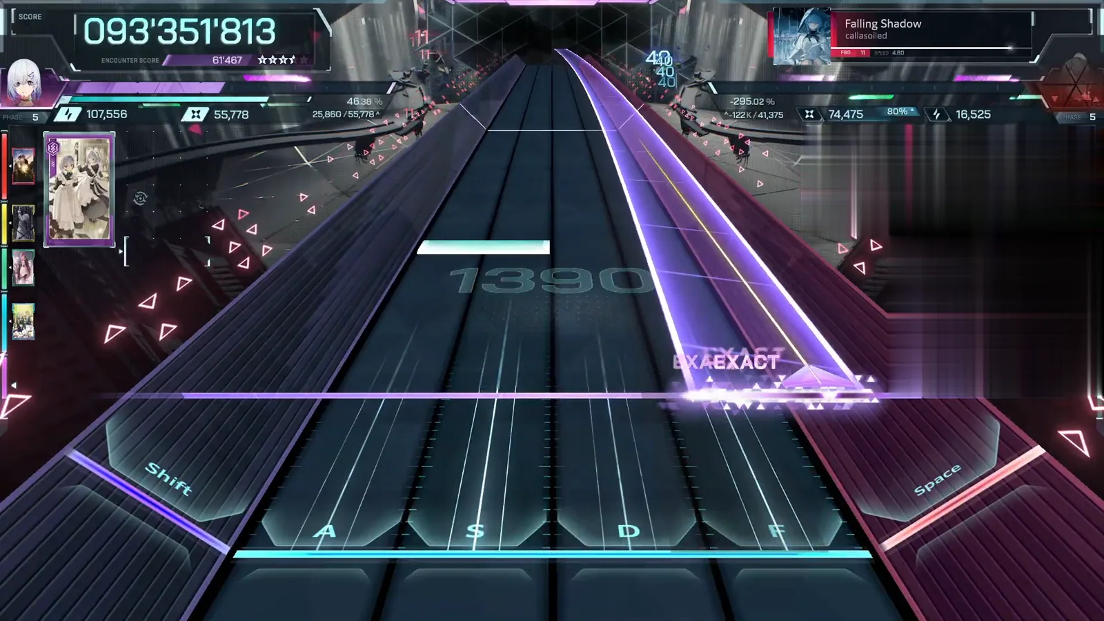 Tall violet sail over the right lanes with EXACT EXACT at its base, 093'351'813 — Falling Shadow FBD 11
