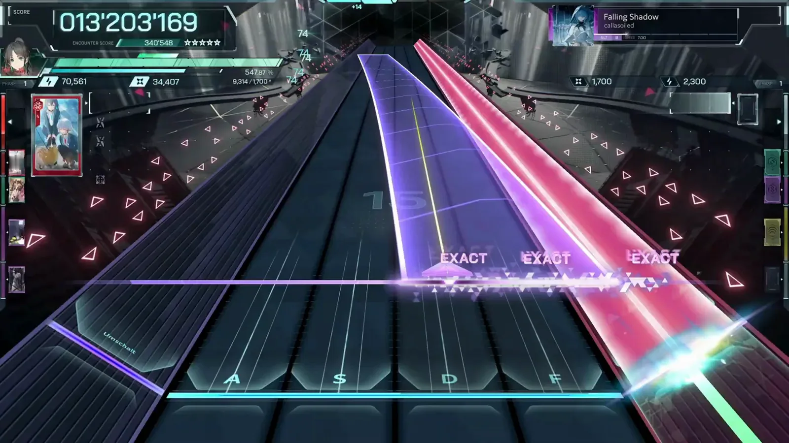 In Falsus Falling Shadow ULT 8 diagonal beams crossing the highway in purple and pink with three EXACT judgements at combo 18