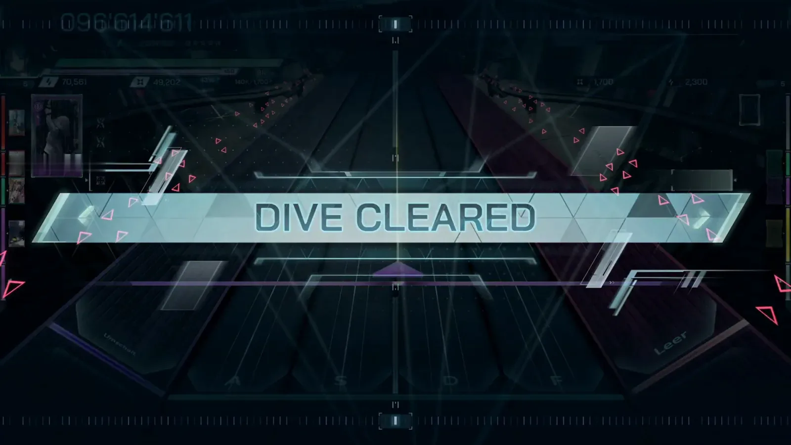 In Falsus DIVE CLEARED banner over the hexagon field after the Falling Shadow ULT 8 dive ends at 096'614'611