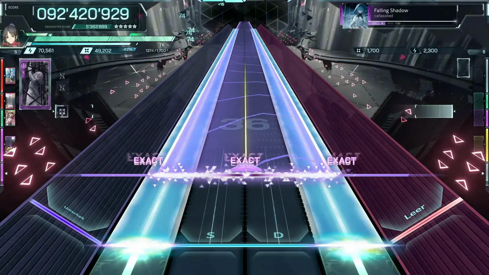 In Falsus Falling Shadow ULT 8 final chord with three wide beams and EXACT judgements across the lanes at combo 85