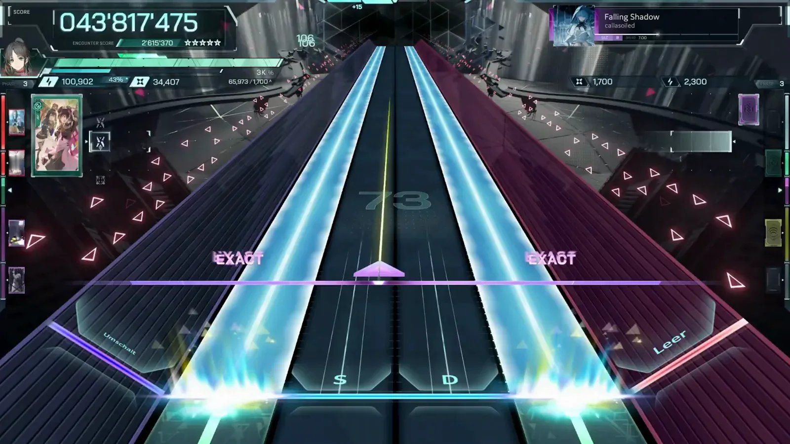 In Falsus Falling Shadow ULT 8 hold sweep bending into the left side lane past the Umschalt key label with Leer marking the right lane