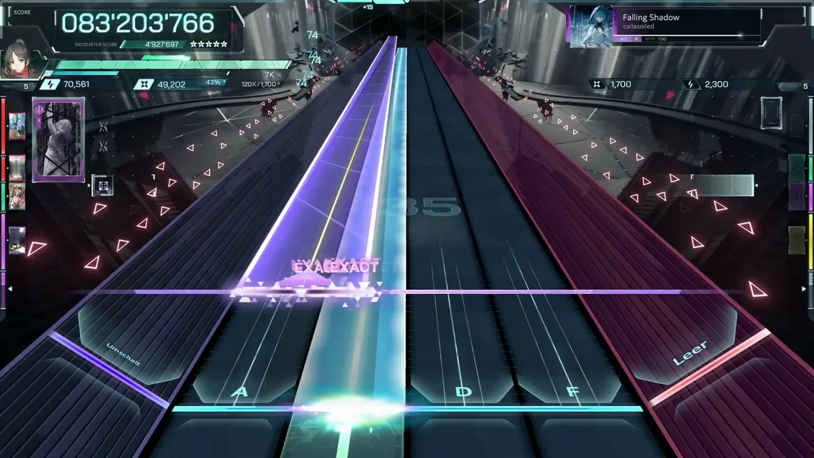 In Falsus Falling Shadow ULT 8 late-song beam pair converging in purple and cyan with two EXACT judgements at combo 45