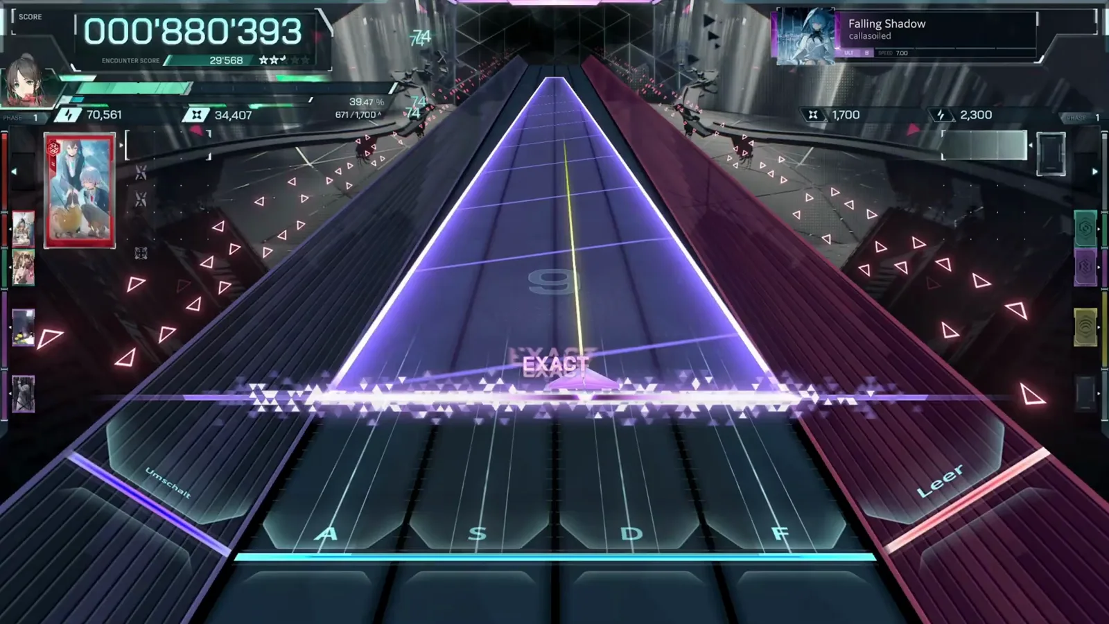 In Falsus Falling Shadow ULT 8 chart opening with the first full-highway purple beam and an EXACT sparkle line at combo 5