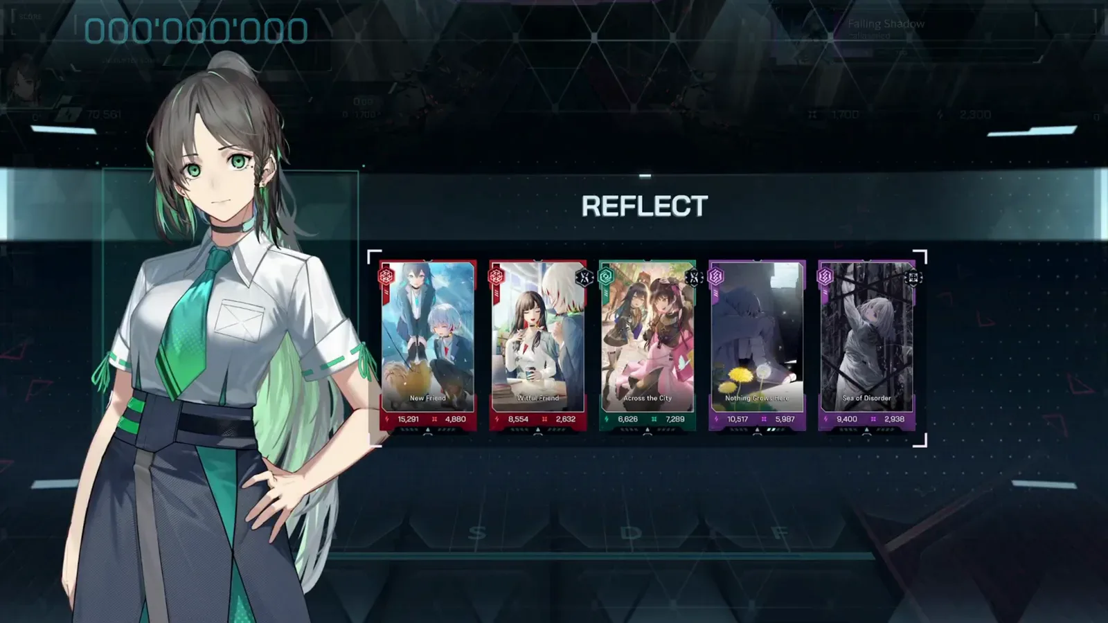 In Falsus Falling Shadow ULT 8 REFLECT loadout screen with five card slots behind the run's character before the dive starts