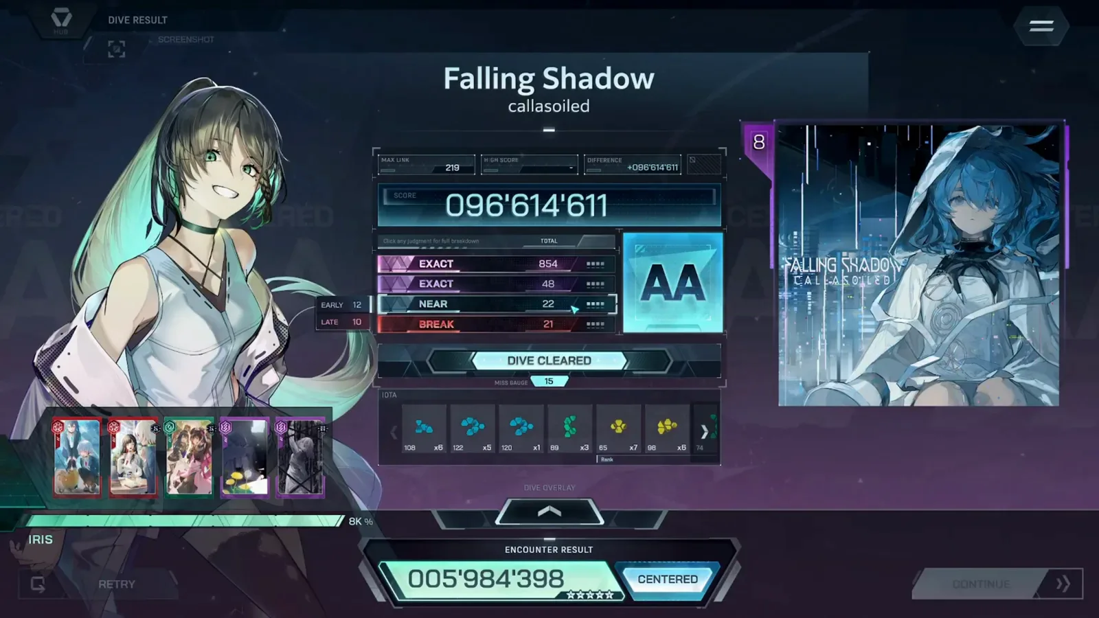 In Falsus Falling Shadow ULT 8 result card with EXACT 854 + 48, NEAR 22, BREAK 21, rank AA, MAX LINK 219 and the CENTERED encounter chip