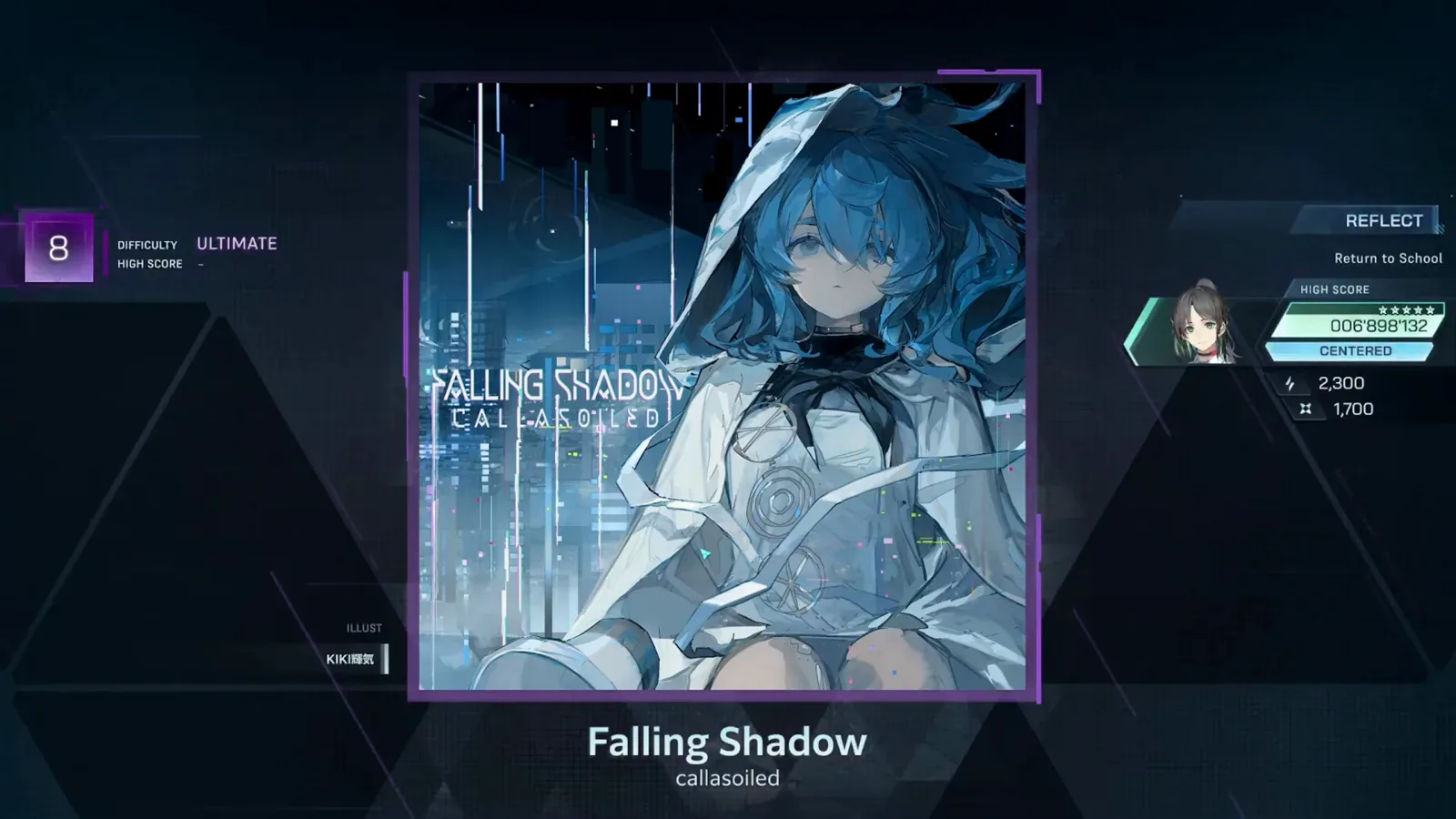 In Falsus Falling Shadow song detail screen showing DIFFICULTY ULTIMATE 8, a HIGH SCORE dash and the REFLECT Return to School panel at 006'898'132