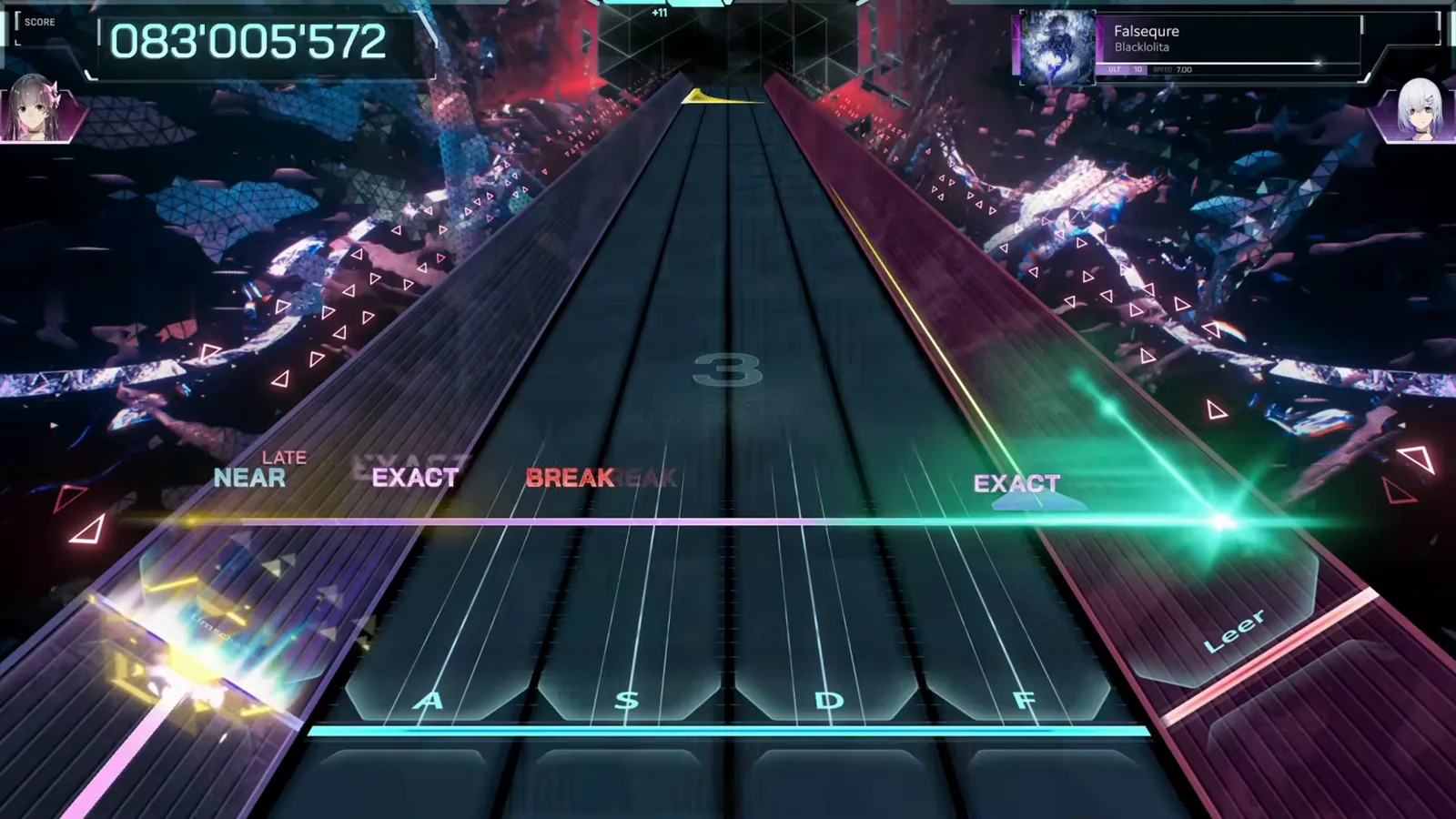 In Falsus Falsequre ULT 10 sightread moment showing NEAR, EXACT and a red BREAK judgement together after a dropped note mid-dive