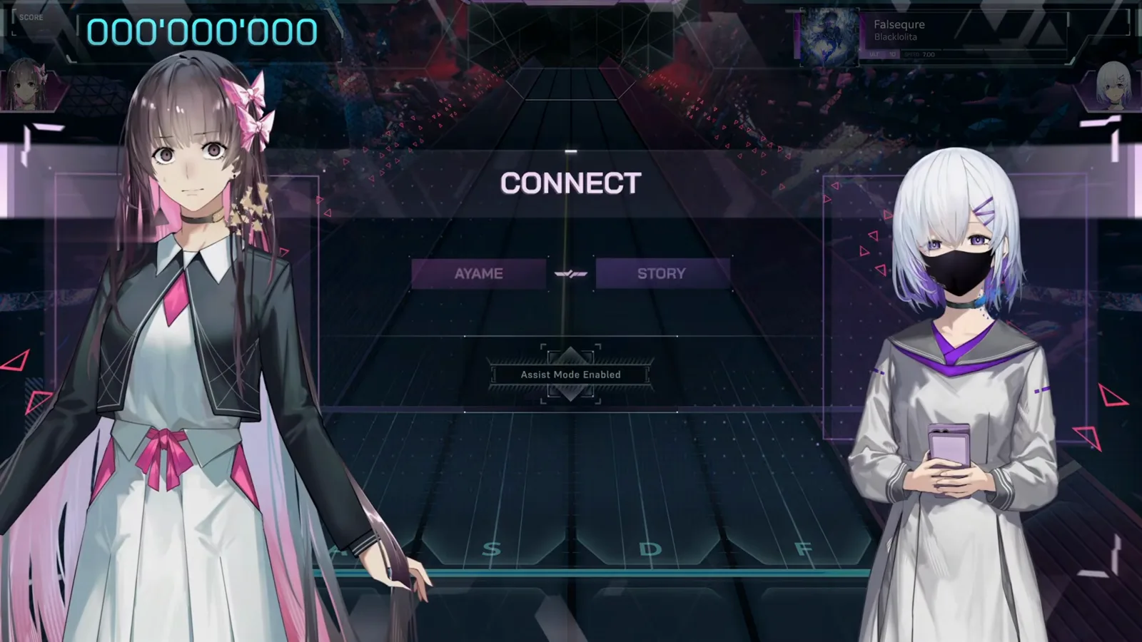 In Falsus CONNECT lobby before a Falsequre dive with the AYAME and STORY partner toggles and an Assist Mode Enabled notice between the two guides