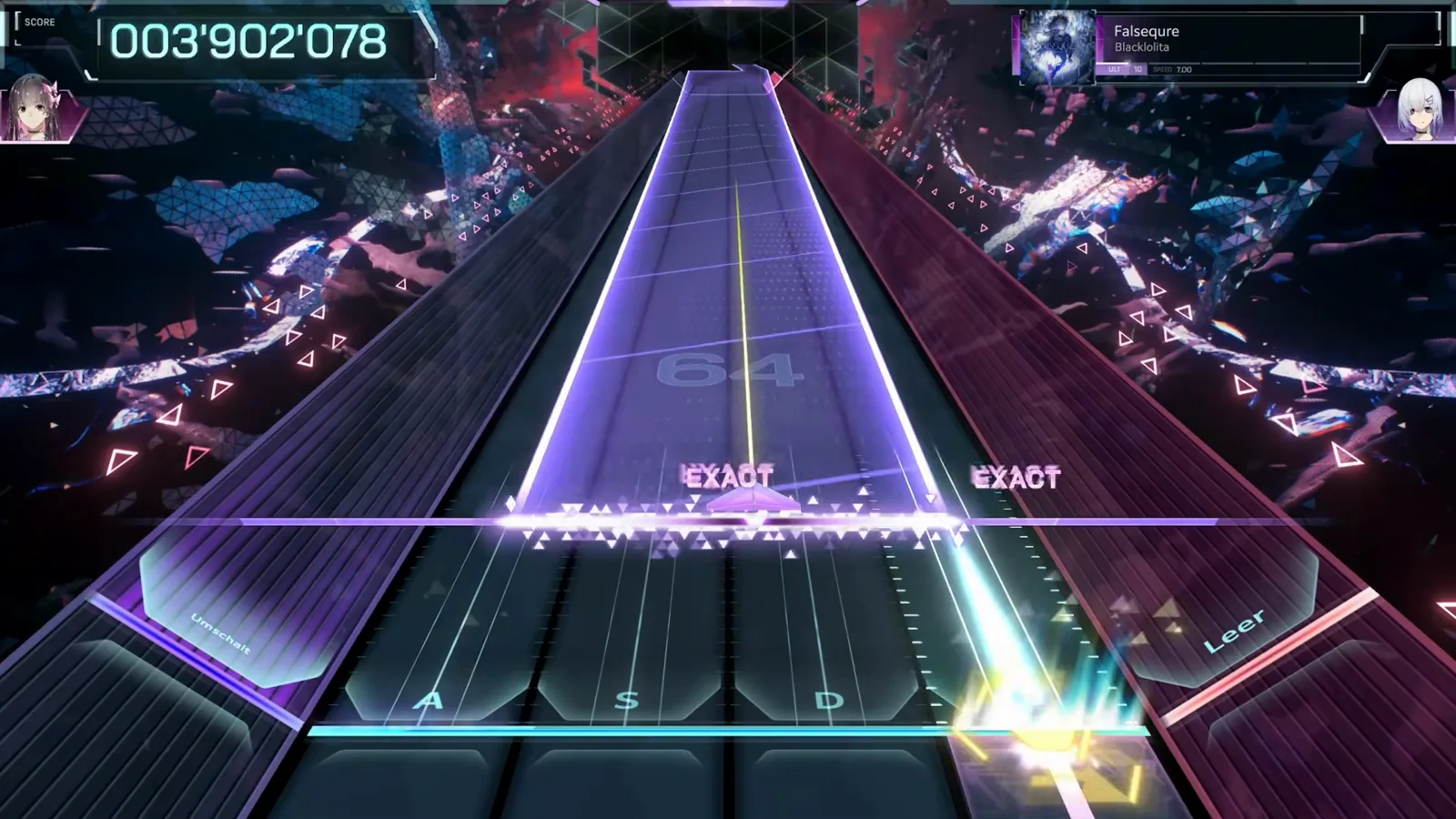 In Falsus Falsequre ULT 10 gameplay where a violet field beam and a yellow lane beam stack back-to-back EXACT judgements in the opening minute